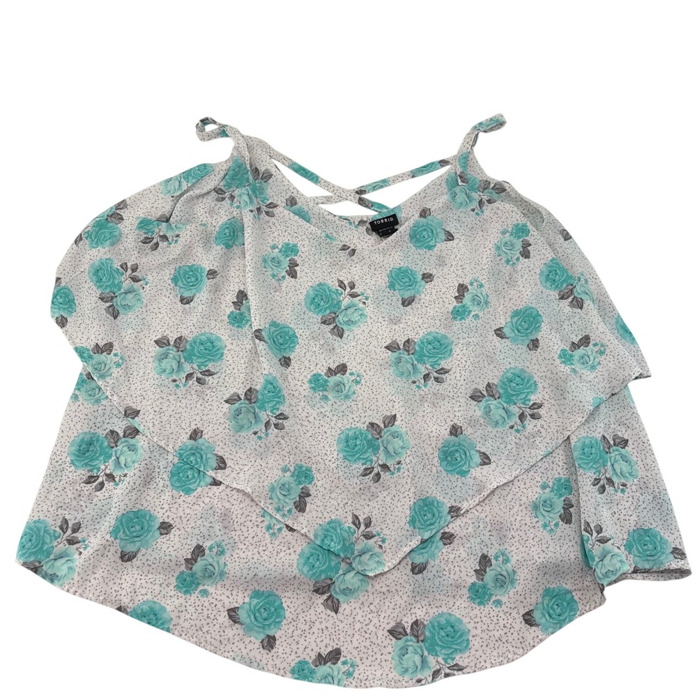 Torrid Turquoise Rose Floral Tiered Cami Top White Size 4 Criss Cross Back